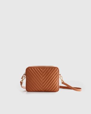 Italian Leather Cognac Quilted Crossbody Bag